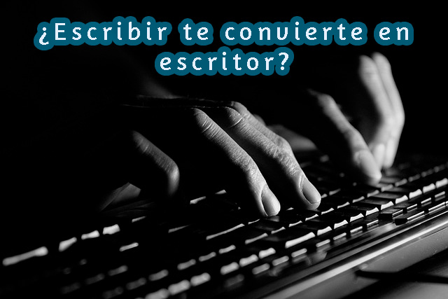 Manos escribiendo en un teclado de ordenador sobre fondo oscuro, simbolizando el acto de escribir y la reflexión sobre qué significa ser escritor.