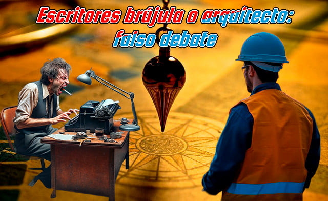 Ilustración simbólica del debate entre escritores brújula y arquitecto: una rosa de los vientos con una plomada encima, junto a un arquitecto y un escritor escribiendo impulsivamente.
