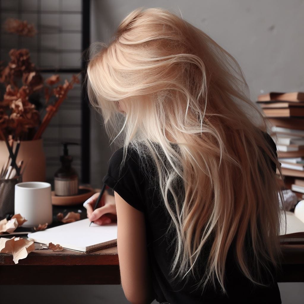 Silueta de escritora anónima rubia escribiendo, icono visual vinculado a Pussy Lanime y Proyecto PLAS