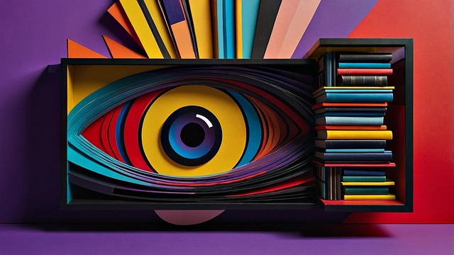 Montaje artístico con un ojo multicolor incrustado en una estantería llena de libros, que representa la vigilancia del autor sobre su obra y la transformación de la autopublicación en un estatus personal y literario.