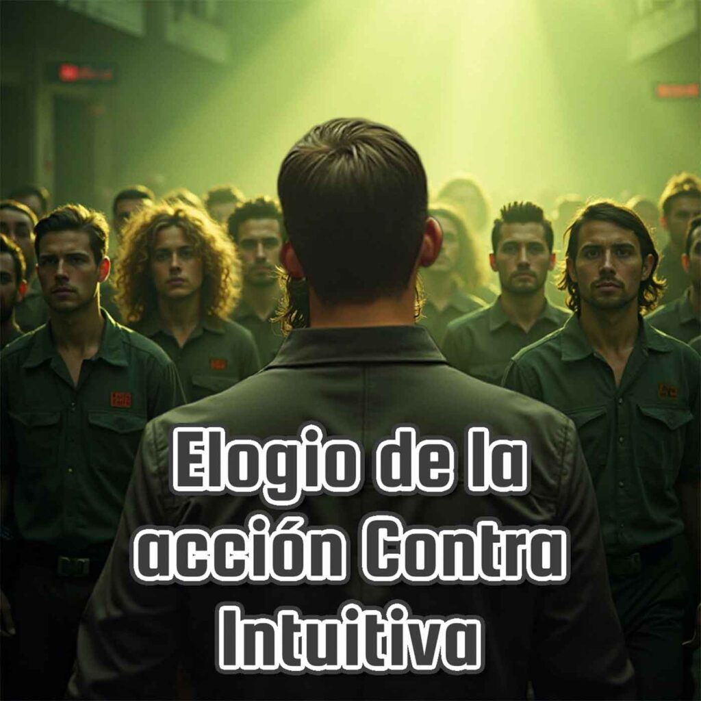 Hombre de espaldas en primer plano, de pie frente a un grupo uniforme de personas que miran al frente; imagen simbólica del concepto de acción contraintuitiva. Texto sobreimpreso: “Elogio de la acción contraintuitiva”.