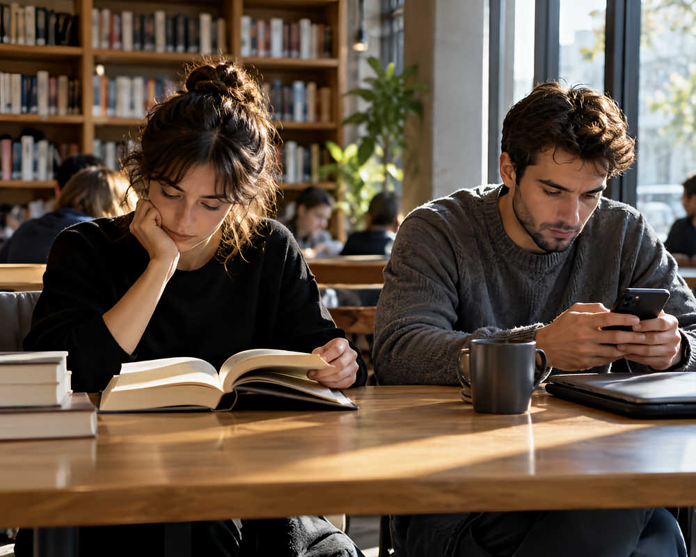 Una persona lee un libro mientras otra consulta su teléfono móvil, en una escena que contrapone la lectura y las redes sociales.